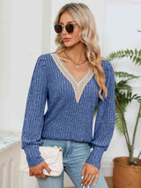 Lace Detail V-Neck Ribbed Blouse - Trendsi - Flyclothing LLC