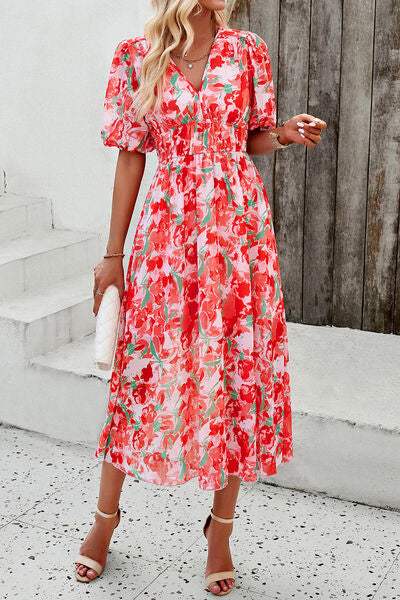 Smocked Printed V-Neck Short Sleeve Dress - Trendsi - Flyclothing LLC