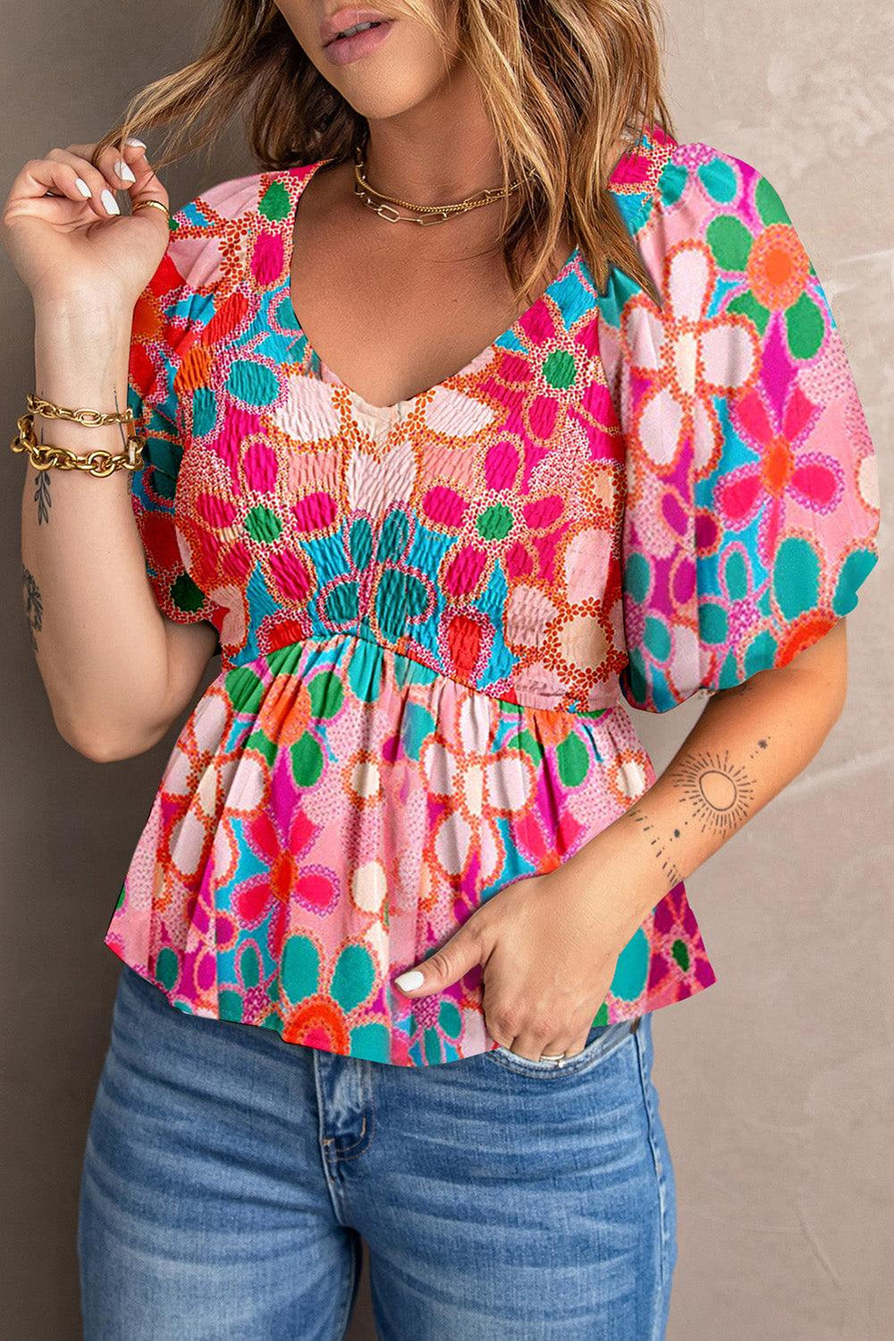 Printed V-Neck Babydoll Blouse - Trendsi