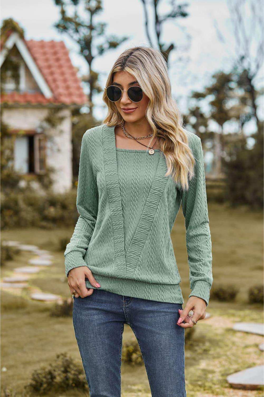 Square Neck Long Sleeve Blouse - Trendsi - Flyclothing LLC