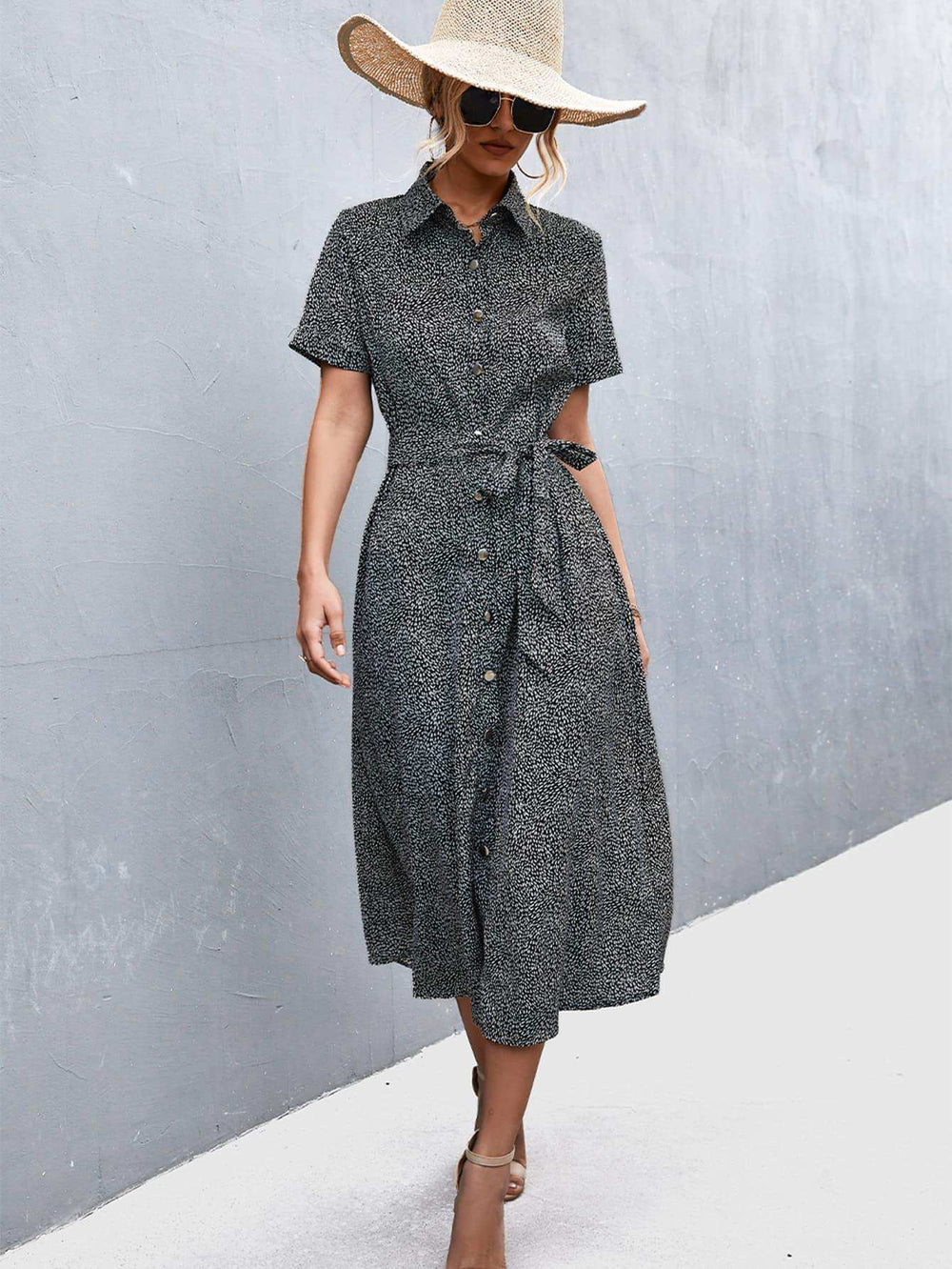 Printed Tie Waist Short Sleeve Shirt Dress - Trendsi - Flyclothing LLC
