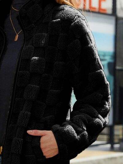 Fuzzy Checkered Zip Up Jacket - Trendsi - Flyclothing LLC