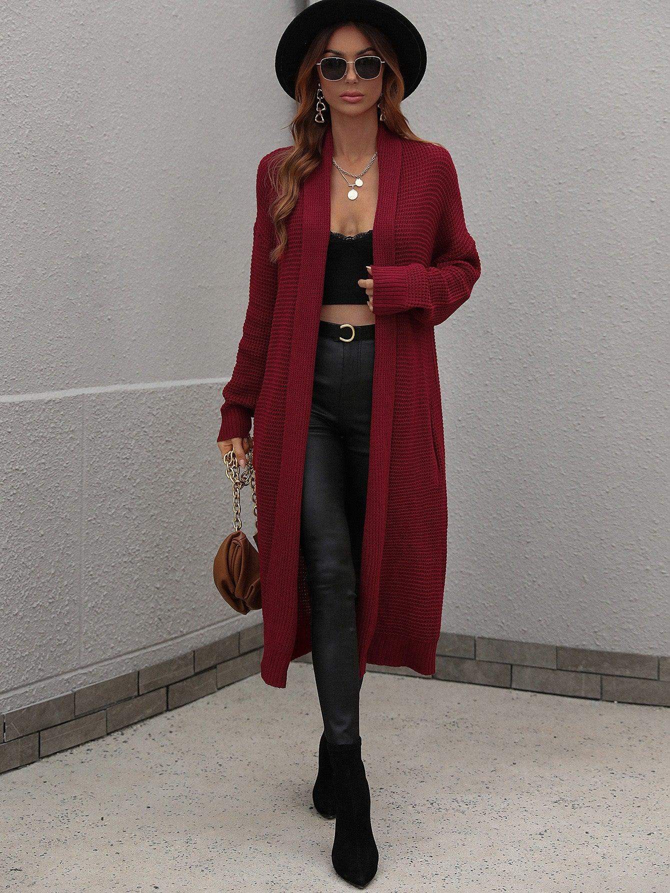 Waffle Knit Open Front Duster Cardigan With Pockets - Trendsi - Flyclothing LLC