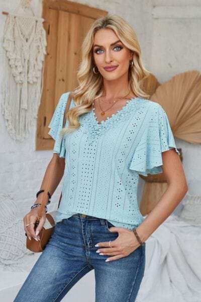 Eyelet Applique V-Neck Cap Sleeve T-Shirt - Trendsi - Flyclothing LLC