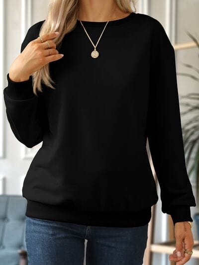 Round Neck Dropped Shoulder Sweatshirt - Trendsi