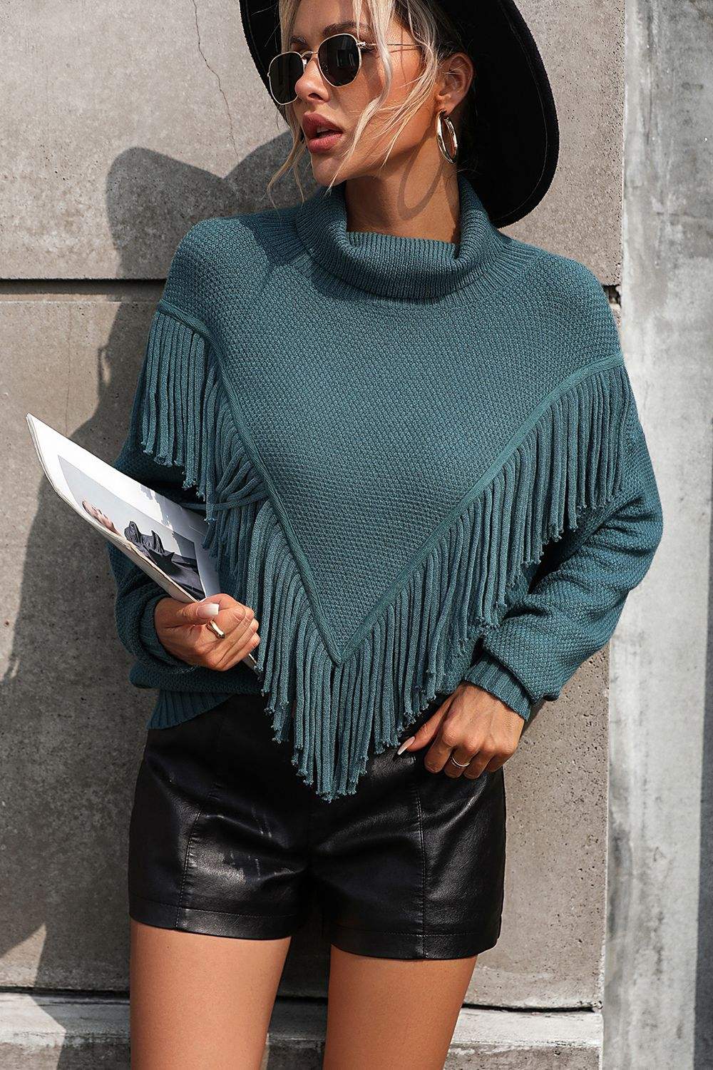 Turtle Neck Tassel Front Long Sleeve Pullover Sweater - Trendsi - Flyclothing LLC