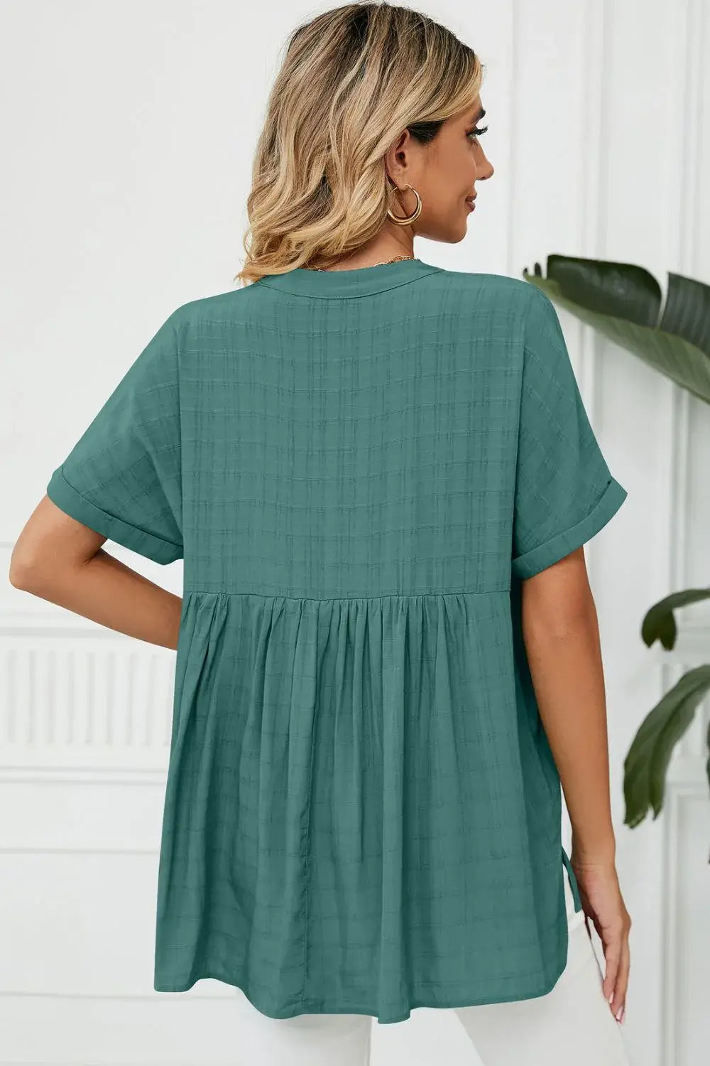 Side Slit Notched Neck Cuffed Short Sleeve Blouse - Trendsi - Flyclothing LLC