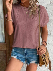 Eyelet Round Neck Short Sleeve T-Shirt - Trendsi