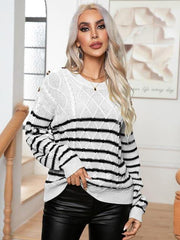 Striped Round Neck Cable-Knit Sweater - Flyclothing LLC