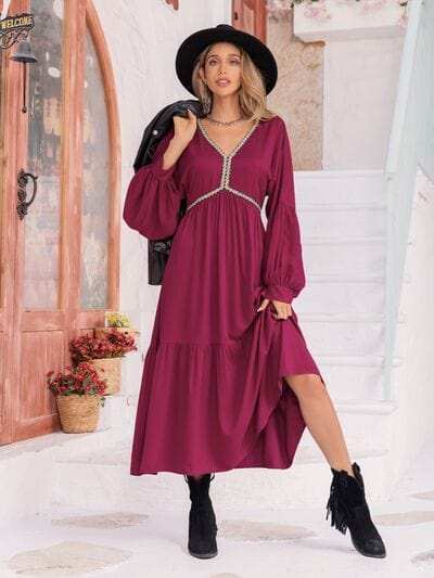 V-Neck Lantern Sleeve Ruffle Hem Dress - Trendsi - Flyclothing LLC