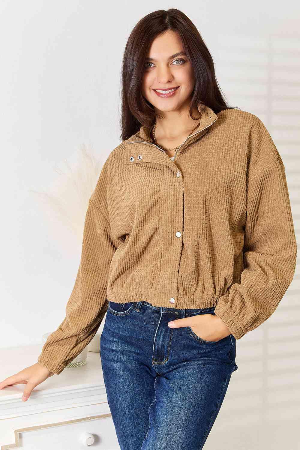 Double Take Long Sleeve Dropped Shoulder Jacket - Trendsi