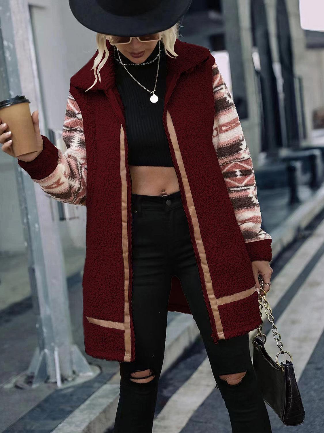 Geometric Zip-Up Collared Sherpa Jacket - Trendsi