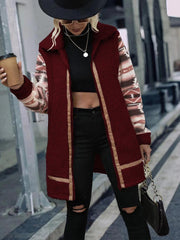 Geometric Zip-Up Collared Sherpa Jacket - Trendsi