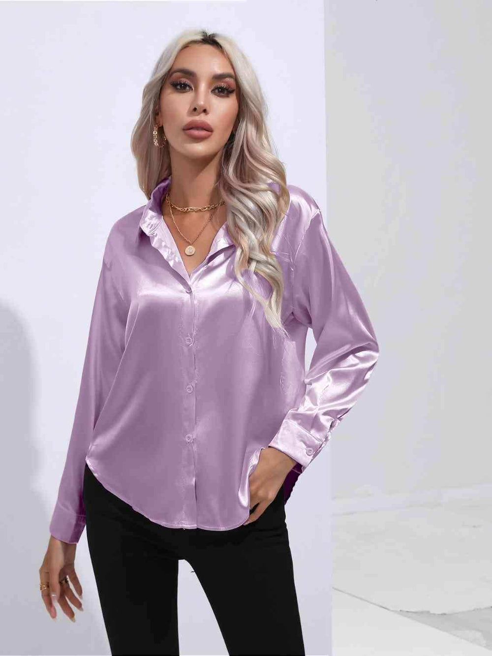 Collared Neck Buttoned Long Sleeve Shirt - Trendsi - Flyclothing LLC