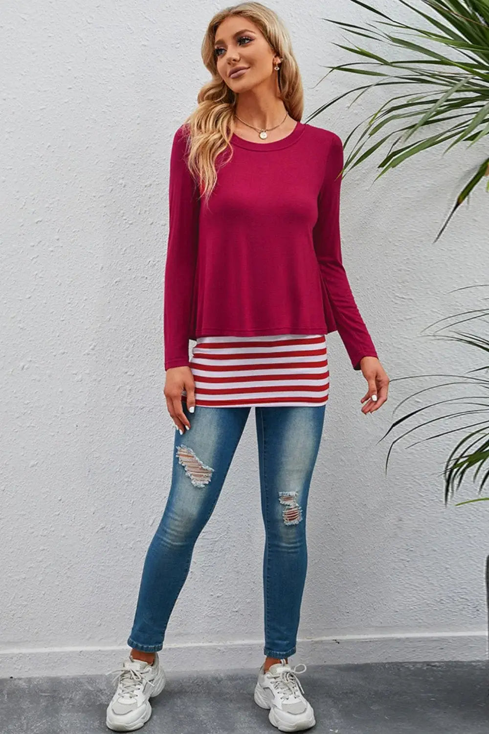 Full Size Striped Faux Layered Long Sleeve Top - Trendsi - Flyclothing LLC