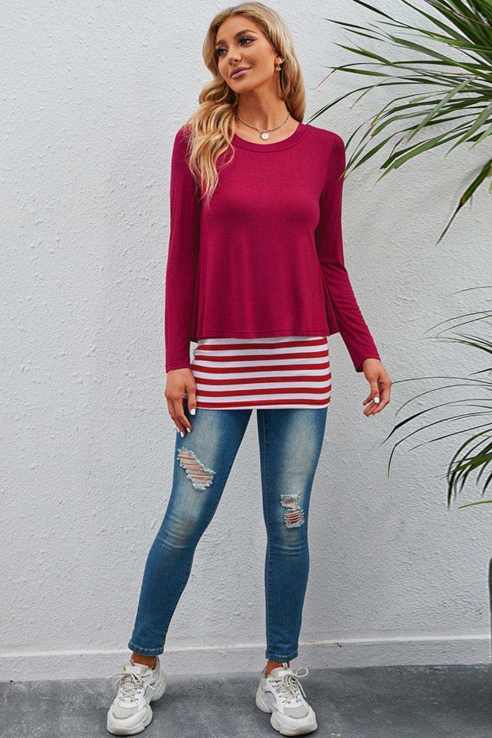 Full Size Striped Faux Layered Long Sleeve Top - Trendsi - Flyclothing LLC