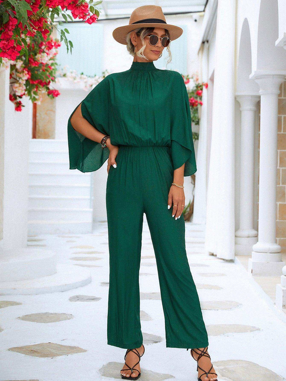 Tie Back Mock Neck Split Sleeve Jumpsuit - Trendsi - Flyclothing LLC