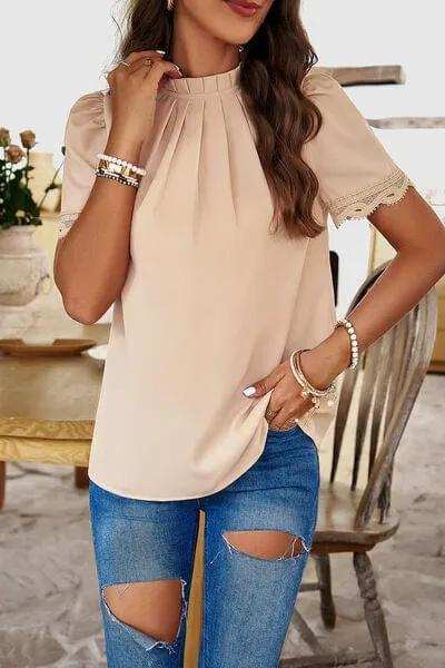 Ruched Mock Neck Short Sleeve Blouse - Trendsi - Flyclothing LLC
