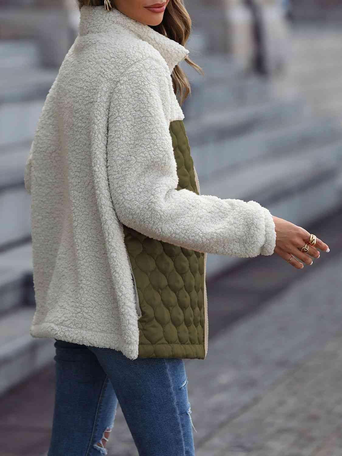 Leopard Color Block Zip-Up Jacket - Trendsi