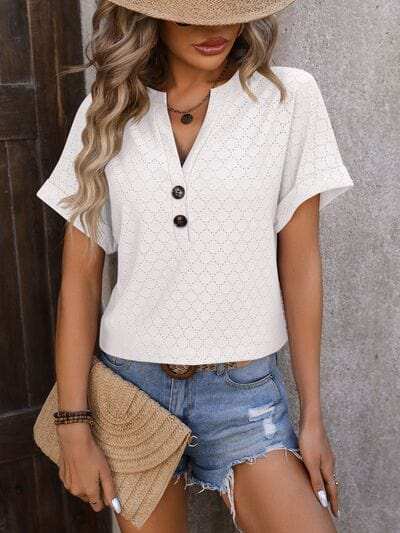 Eyelet Notched Short Sleeve T-Shirt - Trendsi - Flyclothing LLC