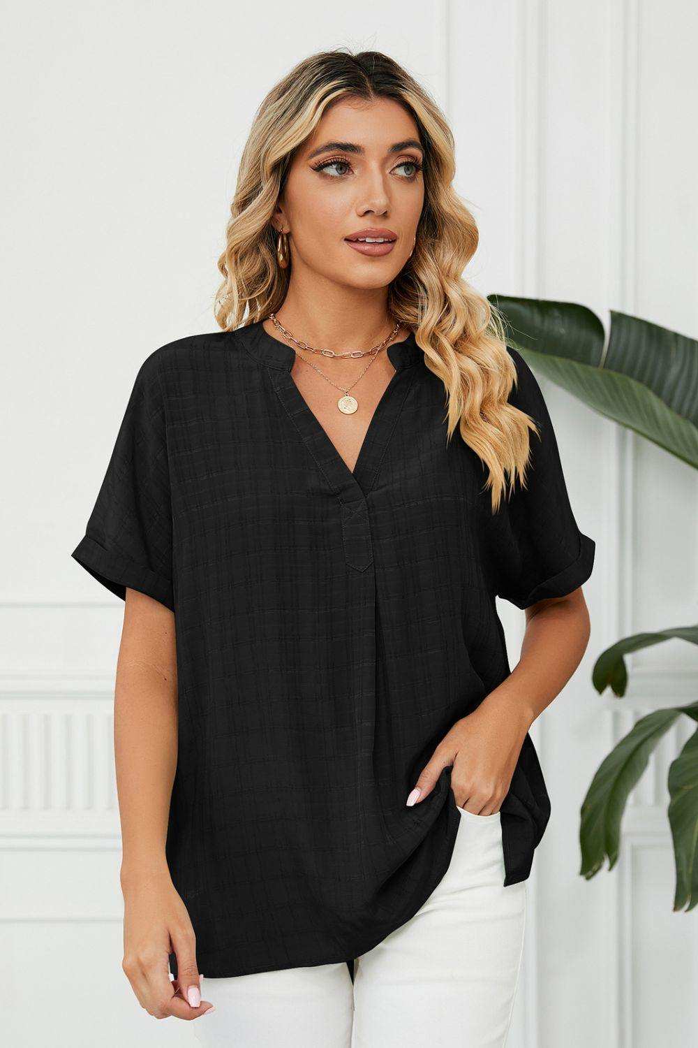 Side Slit Notched Neck Cuffed Short Sleeve Blouse - Trendsi - Flyclothing LLC