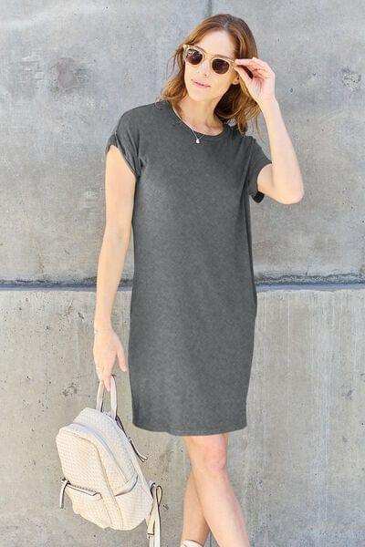 Basic Bae Full Size Round Neck Short Sleeve Dress with Pockets - Trendsi - Flyclothing LLC