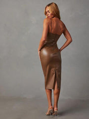 PU Slit Midi Dress - Trendsi