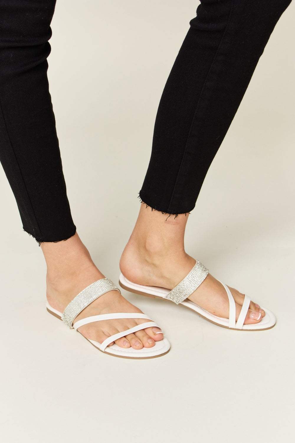 WILD DIVA Rhinestone Strappy Flat Sandals - Trendsi - Flyclothing LLC