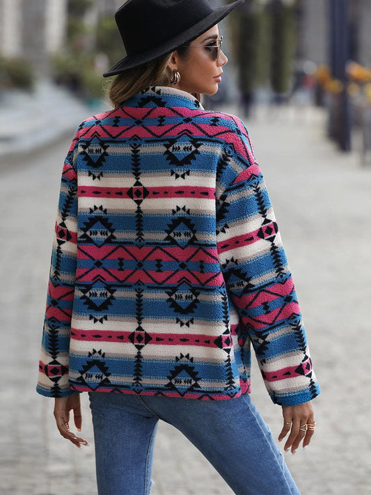 Geometric Button Down Dropped Shoulder Jacket - Trendsi