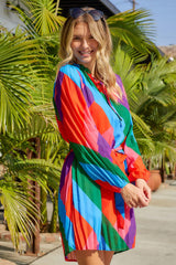 Multicolored Tie-Waist Pleated Balloon Sleeve Dress - Flyclothing LLC