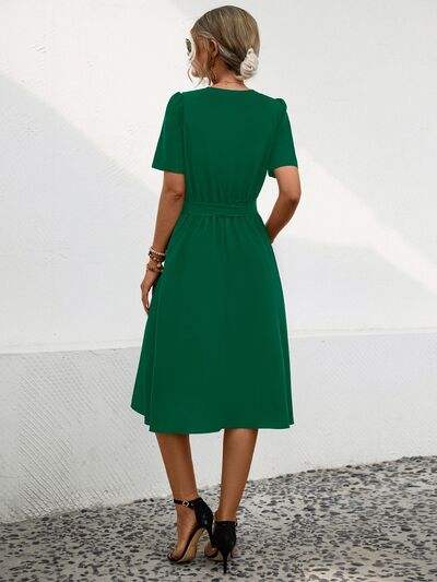 Tied Notched Short Sleeve Dress - Trendsi - Flyclothing LLC