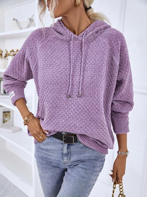Texture Drawstring Long Sleeve Hooded Sweater - Trendsi