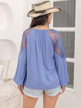 Lace Detail Tie Neck Balloon Sleeve Blouse - Trendsi - Flyclothing LLC