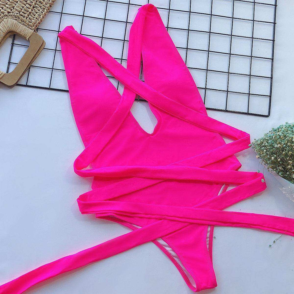 Halter Neck Deep V Tied One-Piece Swimsuit - Trendsi - Flyclothing LLC