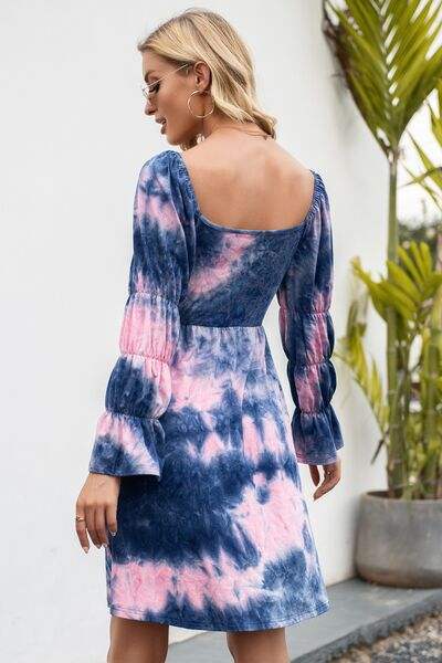 Tie-Dye Square Neck Flounce Sleeve Dress - Trendsi - Flyclothing LLC