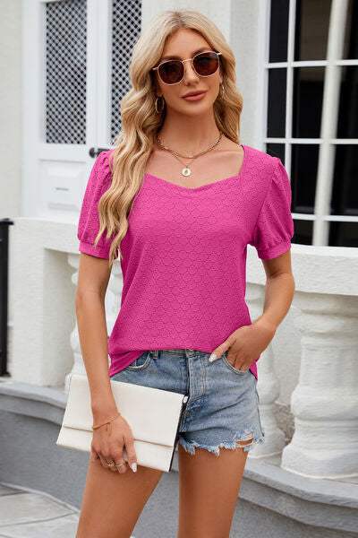 Eyelet Short Sleeve T-Shirt - Trendsi - Flyclothing LLC