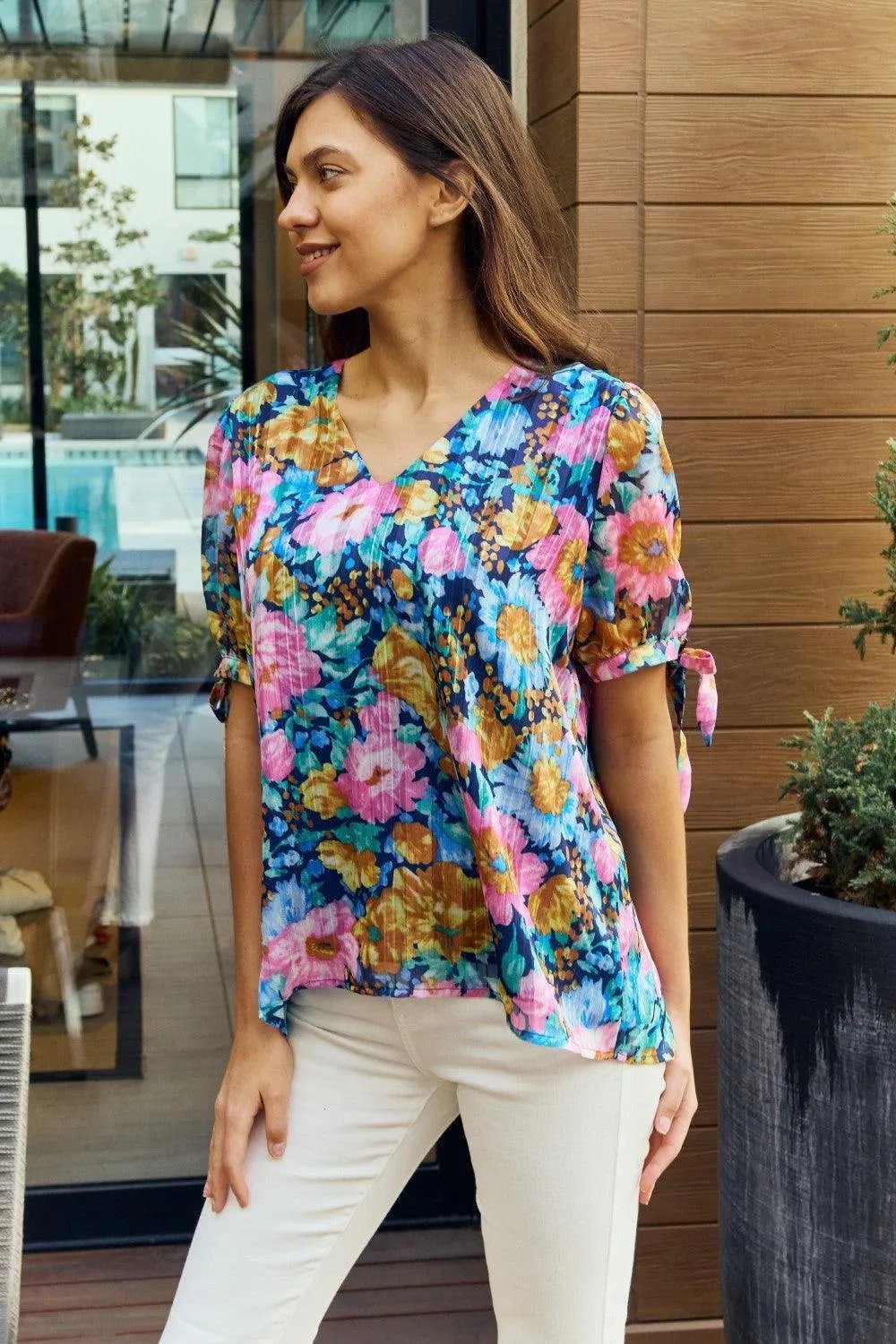 Petal Dew Full Size Floral V-Neck Tie Detail Blouse - Trendsi