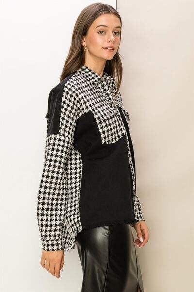 HYFVE Houndstooth Contrast Raw Hem Jacket - Trendsi - Flyclothing LLC