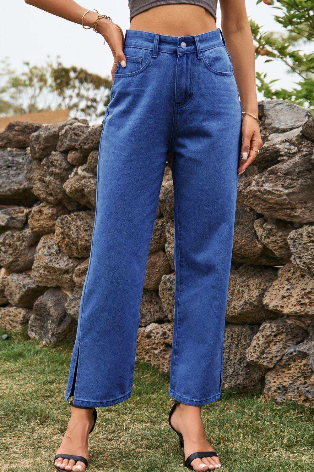 High Waist Loose Fit Ankle Slit Jeans - Trendsi - Flyclothing LLC