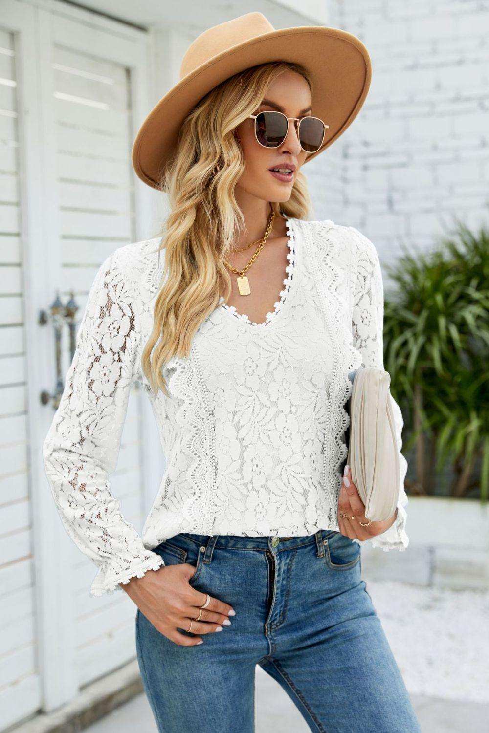 V-Neck Flounce Sleeve Lace Top - Trendsi - Flyclothing LLC