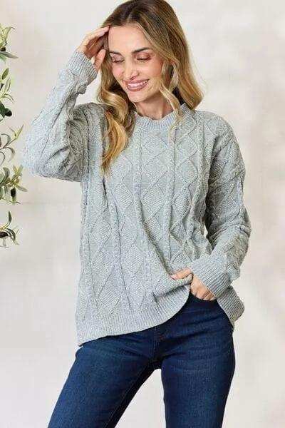 BiBi Cable Knit Round Neck Sweater - Trendsi - Flyclothing LLC