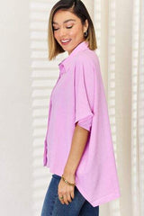 Zenana Texture Button Up Short Sleeve High-Low Shirt - Trendsi - Flyclothing LLC