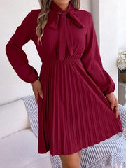 Tie Neck Balloon Sleeve Pleated Dress - Trendsi