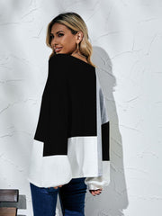 Color Block Balloon Sleeve Boat Neck Sweater - Trendsi