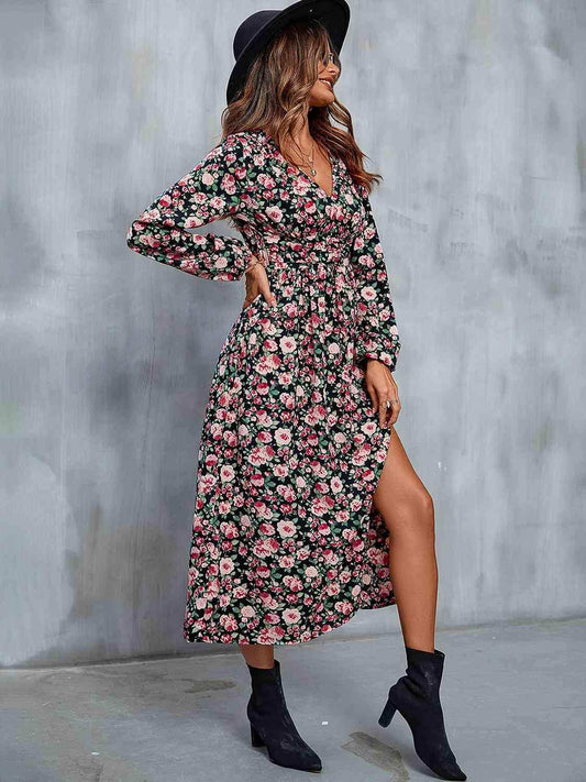 Floral V-Neck Slit Midi Dress - Trendsi - Flyclothing LLC