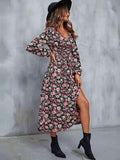 Floral V-Neck Slit Midi Dress - Trendsi
