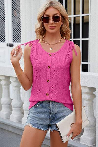 Eyelet Round Neck Wide Strap Tank - Trendsi - Flyclothing LLC