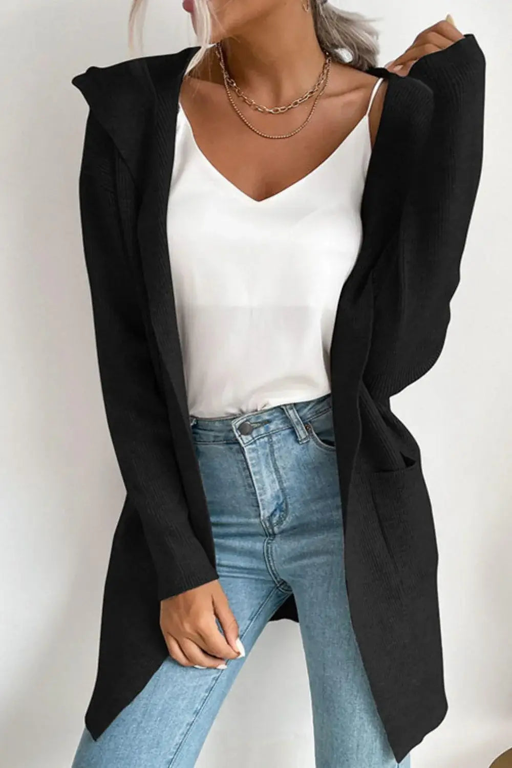 Ribbed Open Front Hooded Cardigan with Pockets - Trendsi - Flyclothing LLC