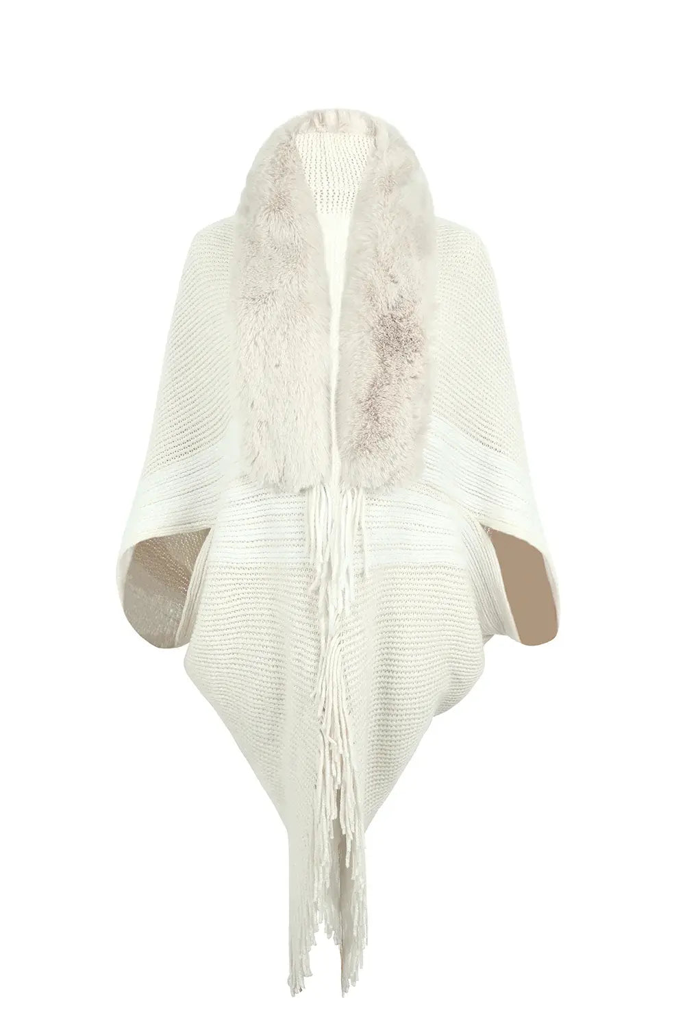 Striped Fringe Detail Long Sleeve Poncho - Trendsi - Flyclothing LLC