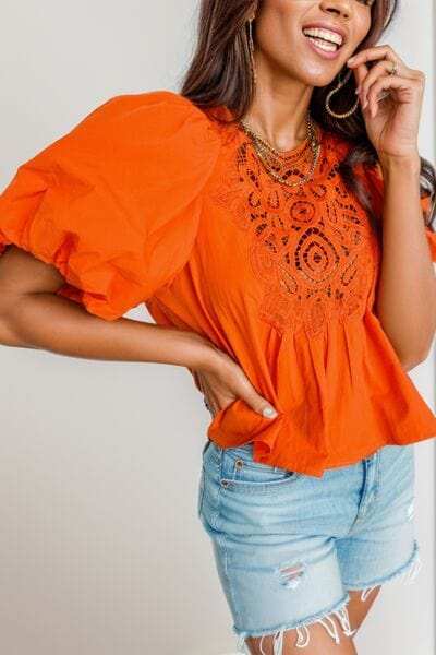 Openwork Round Neck Balloon Sleeve Blouse - Trendsi - Flyclothing LLC